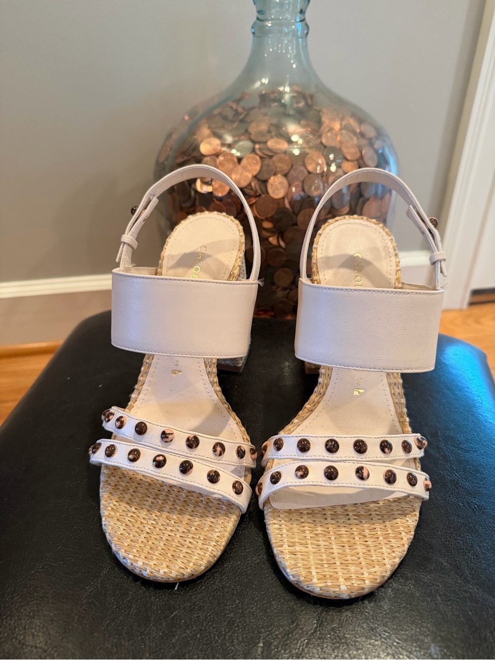 Larroude Ivory Studded Espadrille Wedge Sandals.